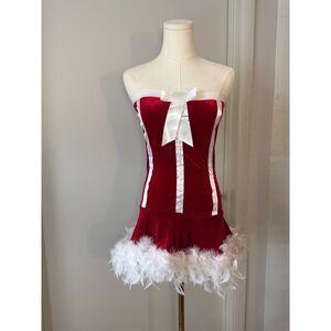 Roma Costume Red Velvet Holiday Dress w/ Feather Trim – Size S/M